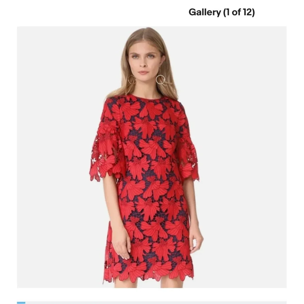 Tory Burch Floral Guipure Lace Shift‎ Dress Red Bell Sleeve Womens 4 Excellent